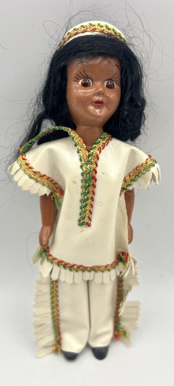 Vintage Native American Style Plastic Doll Black Hair Handmade Outfit 7in